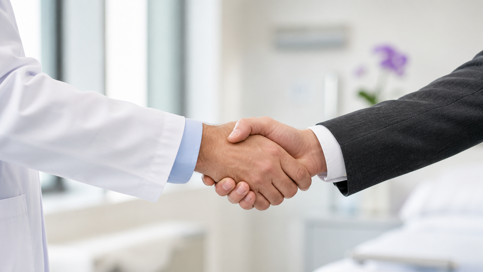 A doctor and business representative shaking hands