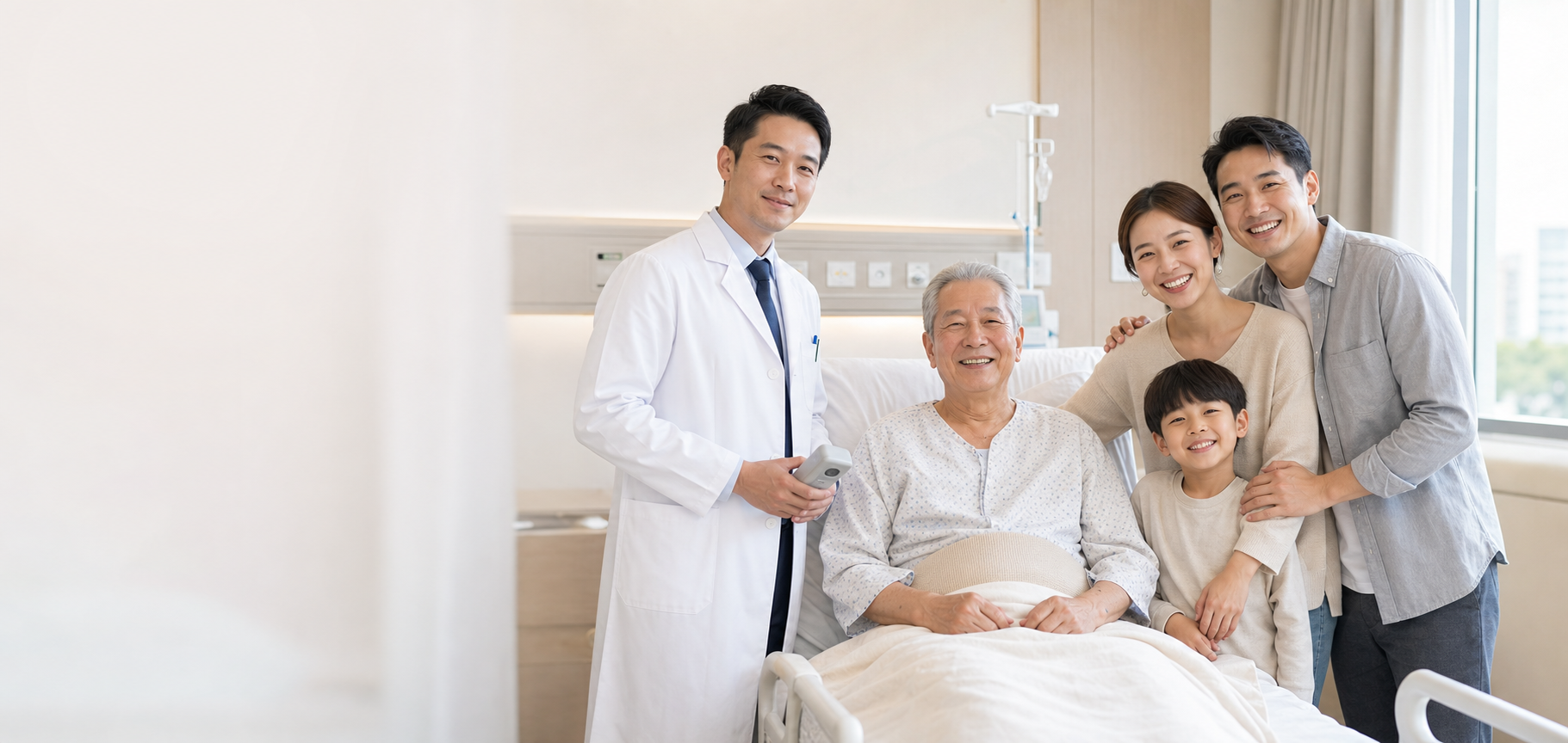 A smiling elderly Taiwanese patient with his family and physician in a bright hospital room