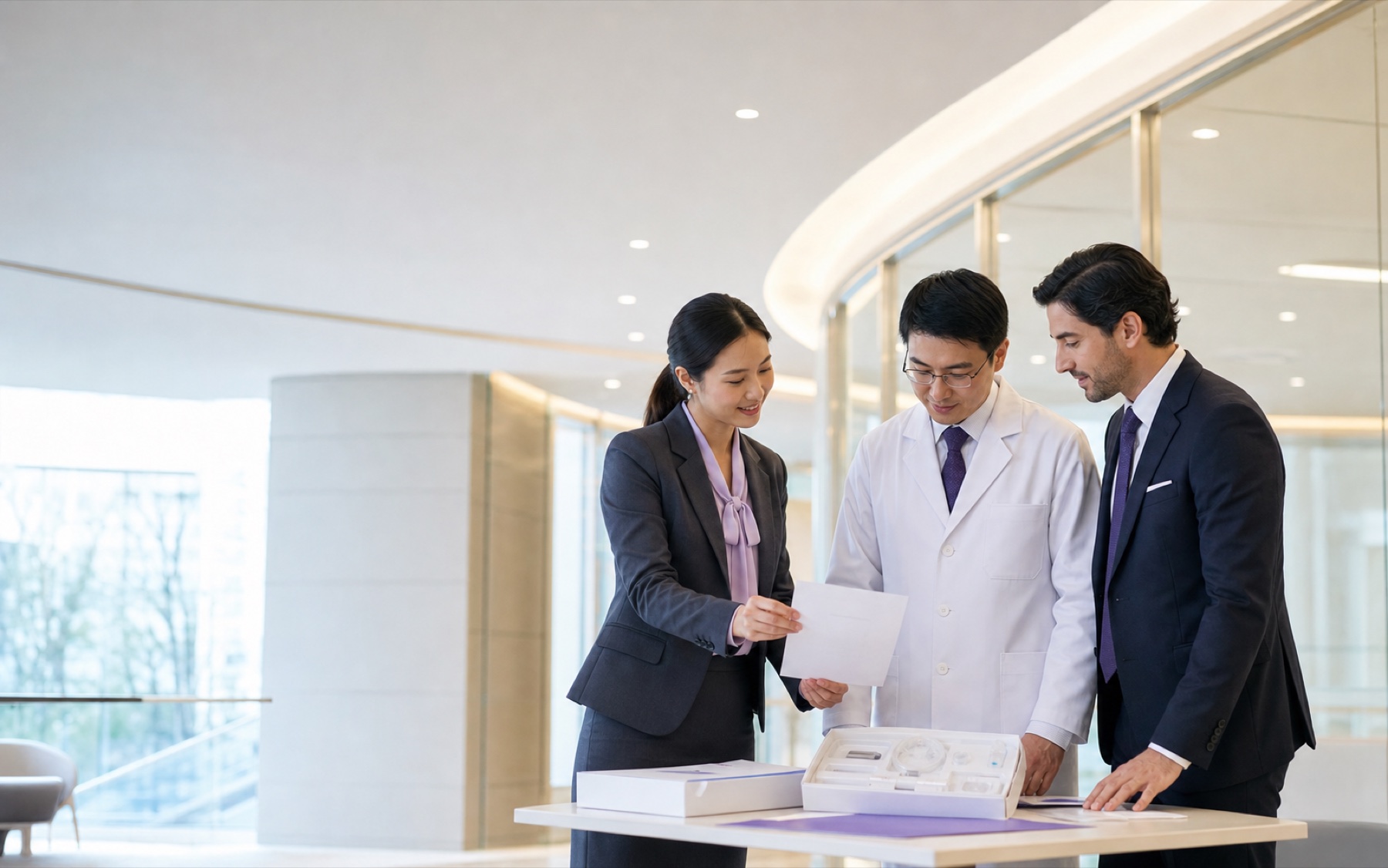 Medical and business professionals reviewing a product kit in a hospital setting